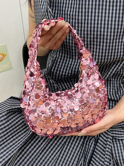 Quilted Sequin Crescent Evening Handbag Party Clutch