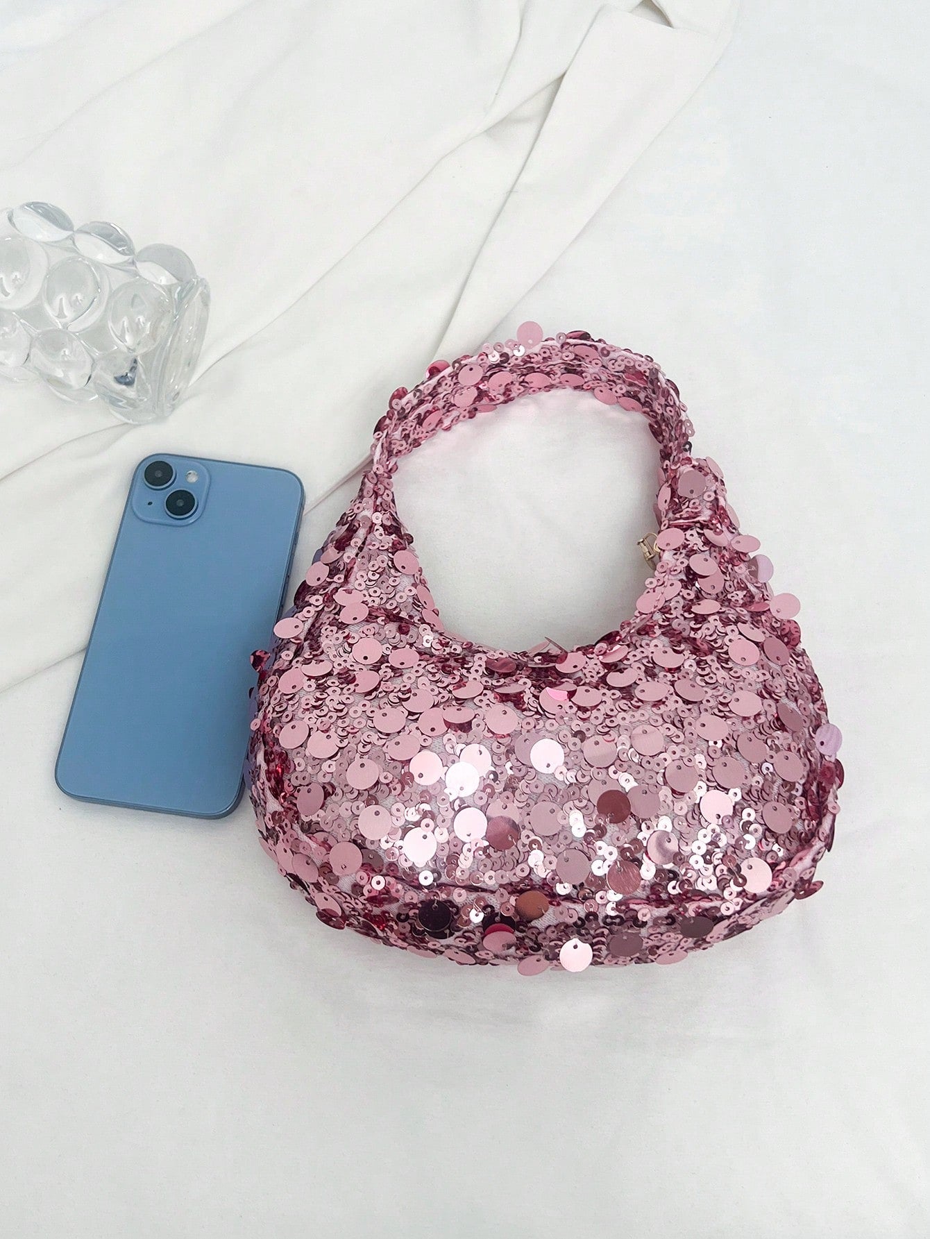 Quilted Sequin Crescent Evening Handbag Party Clutch