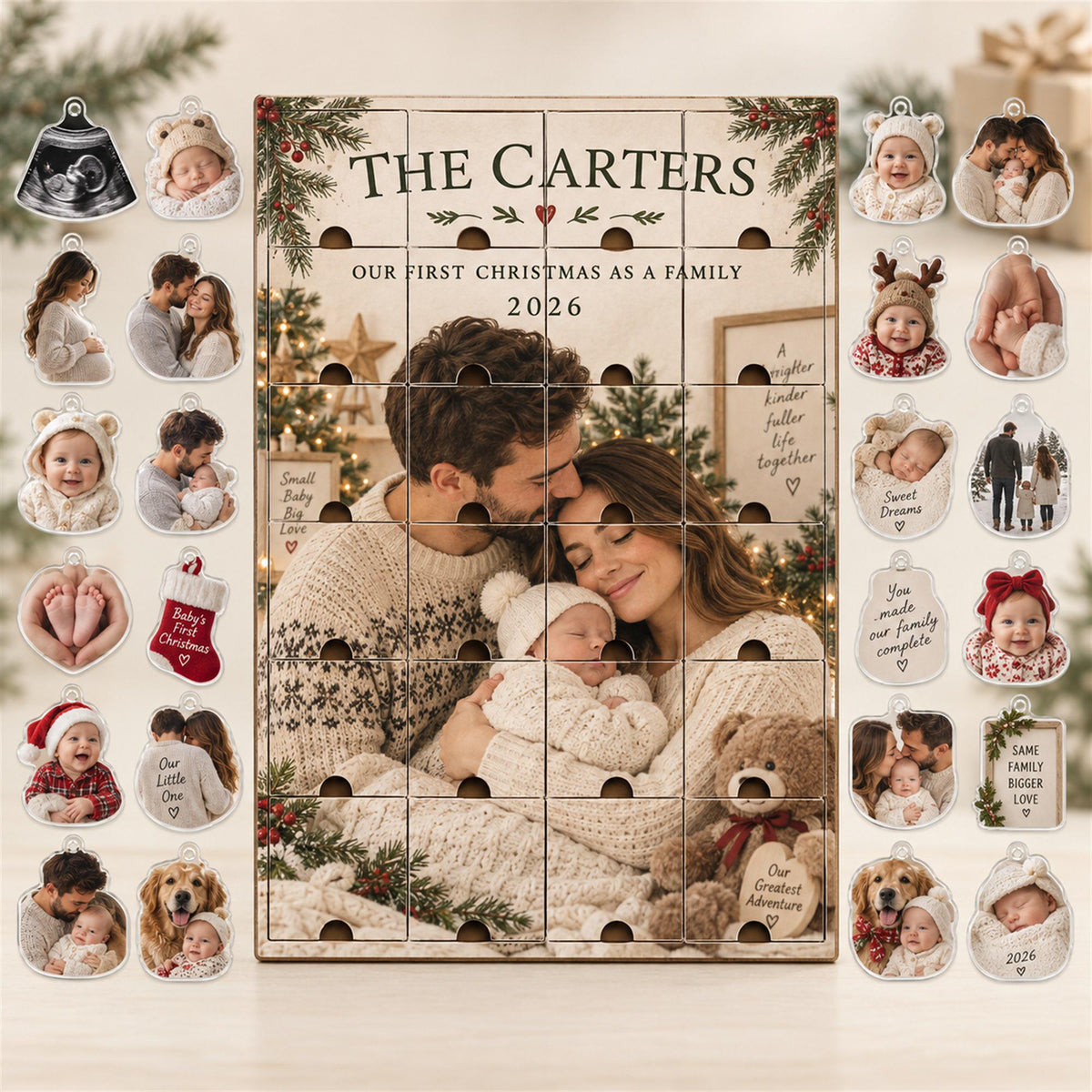 Personalized Family Advent Calendar with 24 Custom Photo Acrylic Ornaments, Baby’s First Christmas Gift, New Parents Keepsake, Family Gift