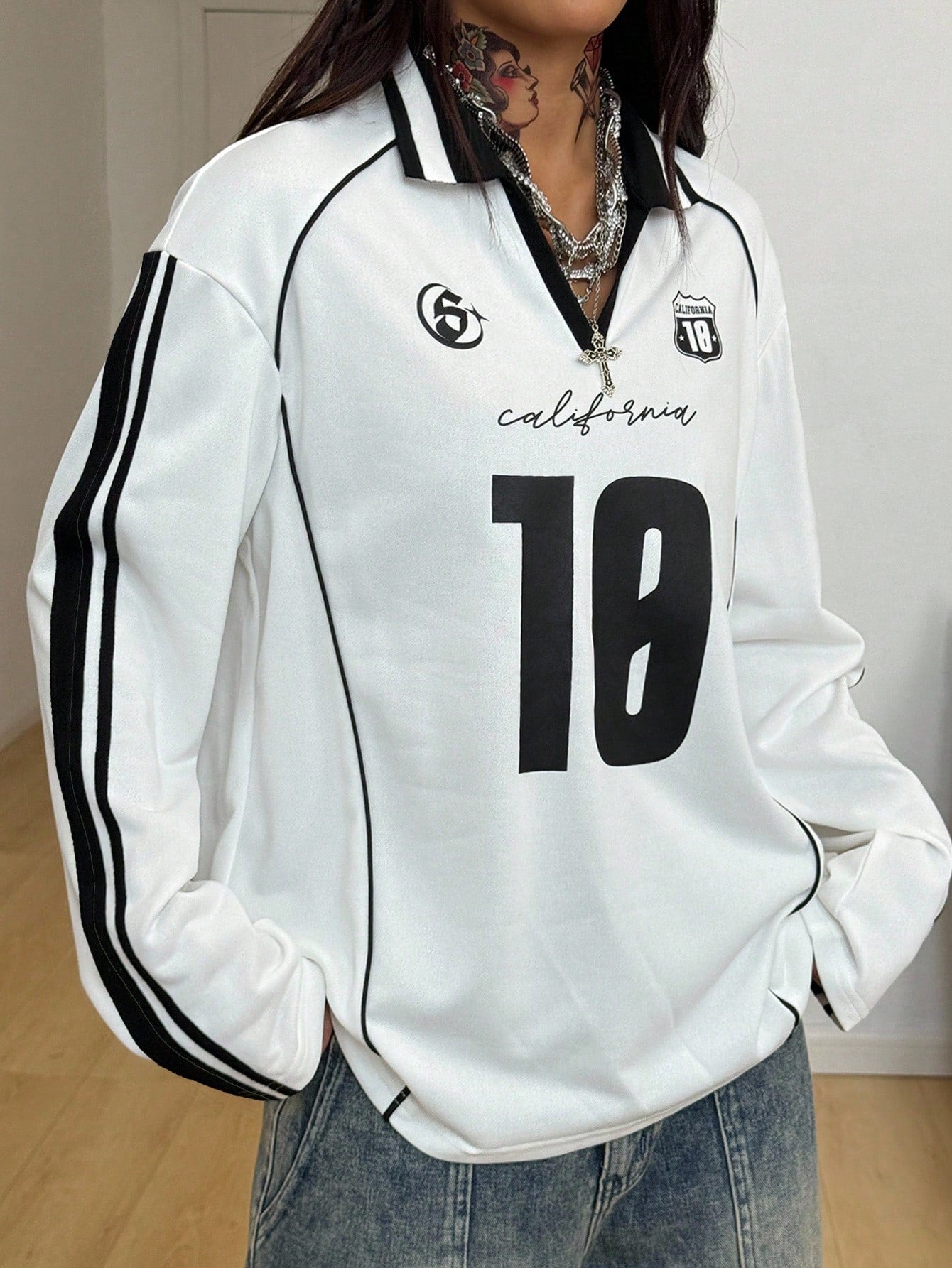 Women's White Oversized Long Sleeve V-Neck Jersey