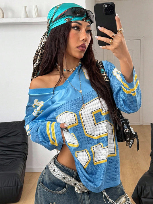 Women's Blue Oversized Knitted V-Neck Long Sleeve Top Jersey