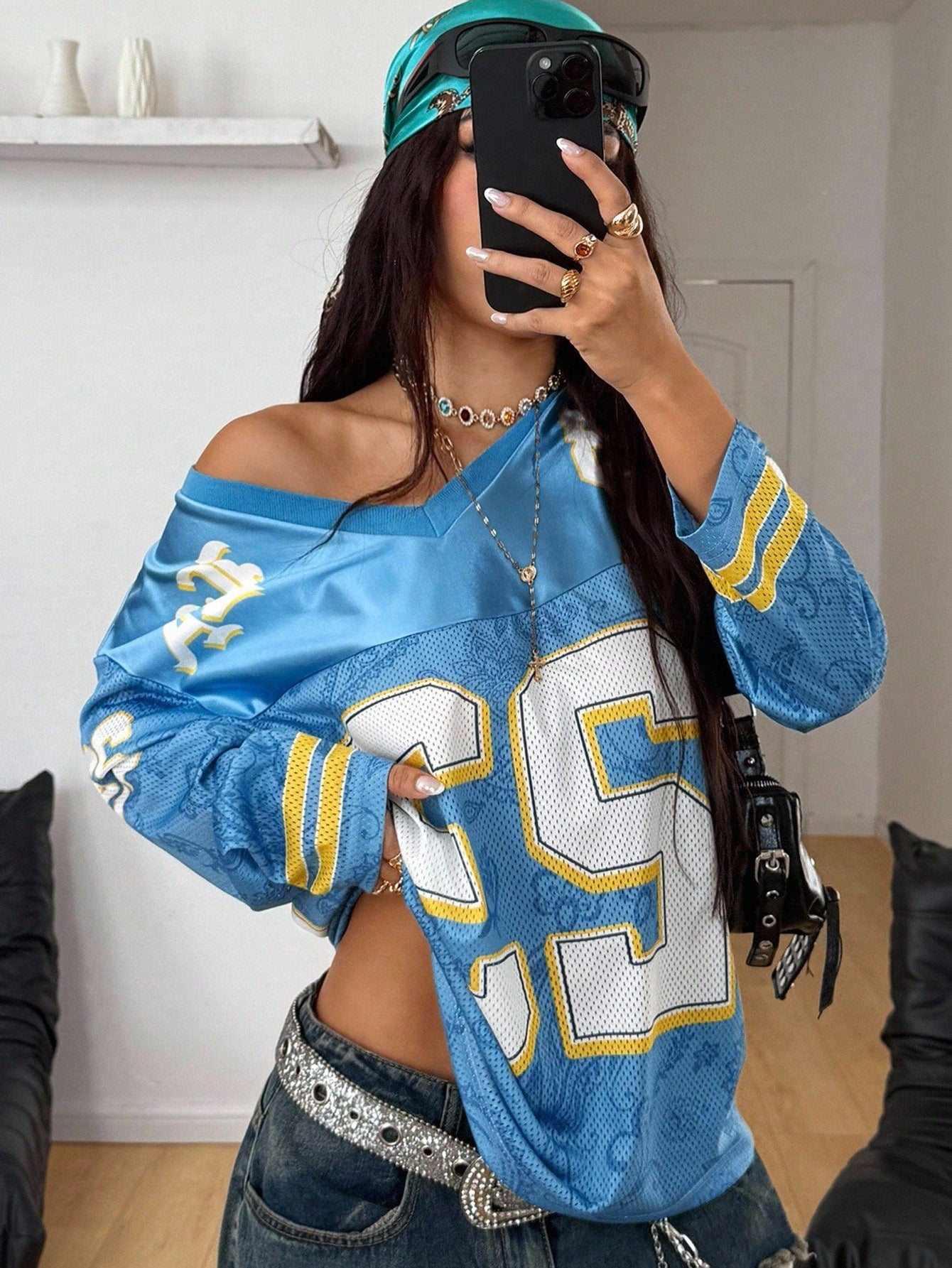 Women's Blue Oversized Knitted V-Neck Long Sleeve Top Jersey