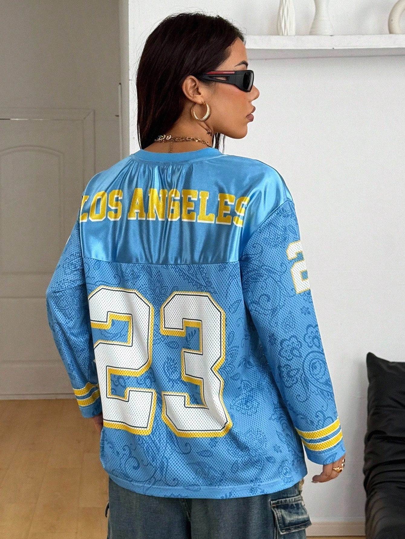 Women's Blue Oversized Knitted V-Neck Long Sleeve Top Jersey