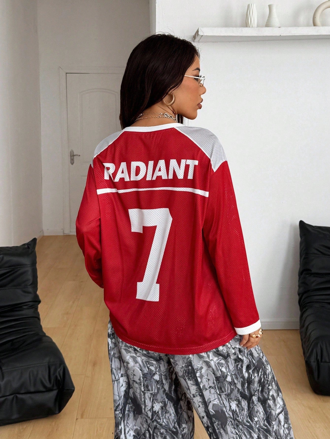 Unisex Red and White Mesh Long Sleeve V-Neck Jersey