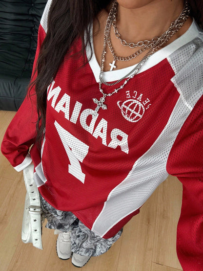 Unisex Red and White Mesh Long Sleeve V-Neck Jersey