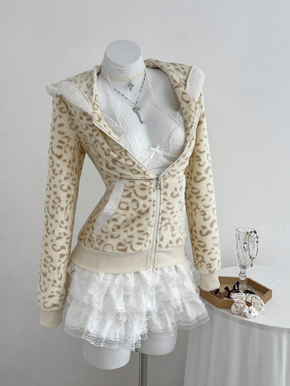 Women's Leopard Print Flannel Thermal Hooded Sweatshirt