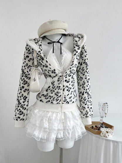Women's Leopard Print Flannel Thermal Hooded Sweatshirt