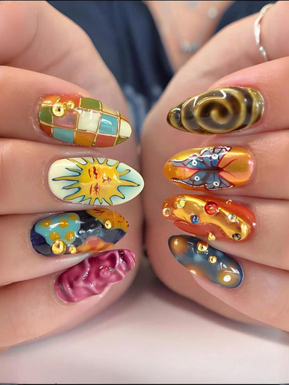 Retro Sun & Butterfly Medium Almond Press-On Nails