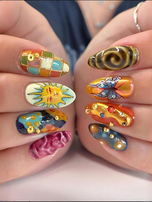 Retro Sun & Butterfly Medium Almond Press-On Nails
