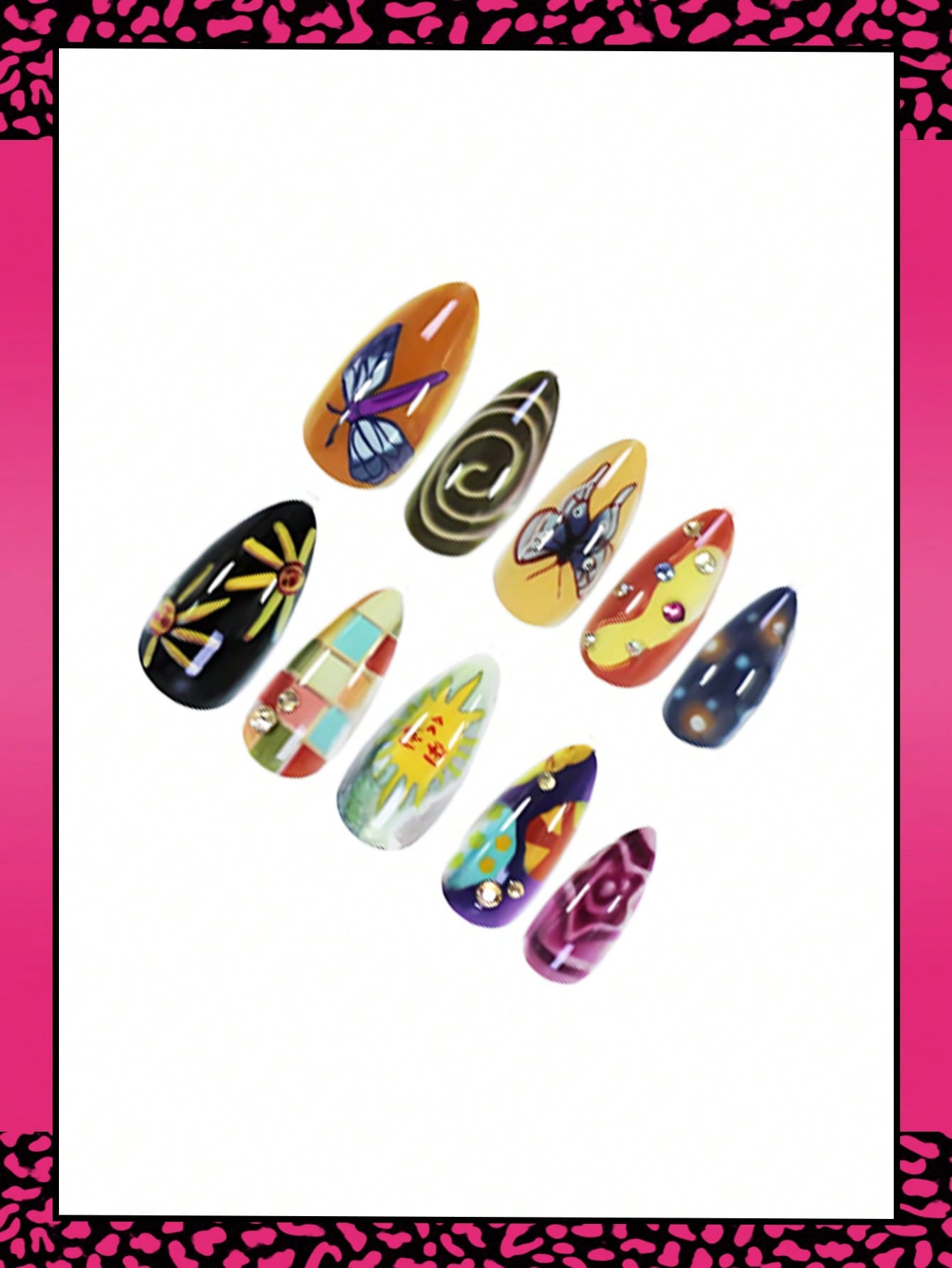 Retro Sun & Butterfly Medium Almond Press-On Nails