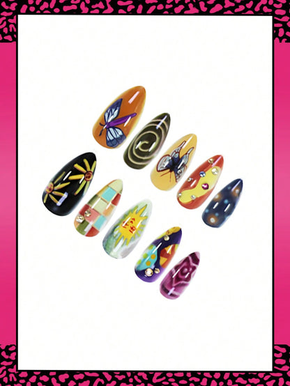 Retro Sun & Butterfly Medium Almond Press-On Nails