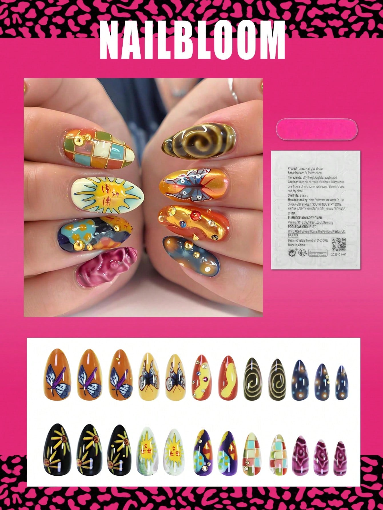 Retro Sun & Butterfly Medium Almond Press-On Nails