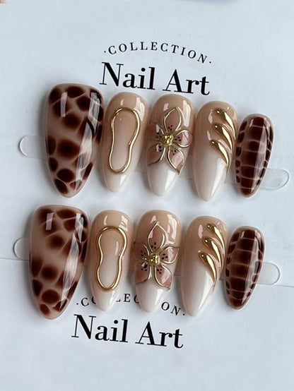 Brown Crocodile Print Almond Press-On Nails with Gold