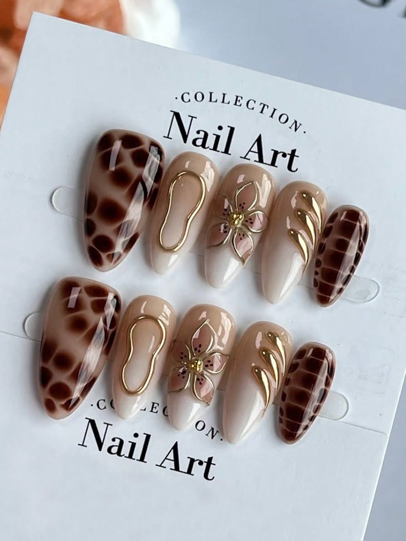 Brown Crocodile Print Almond Press-On Nails with Gold