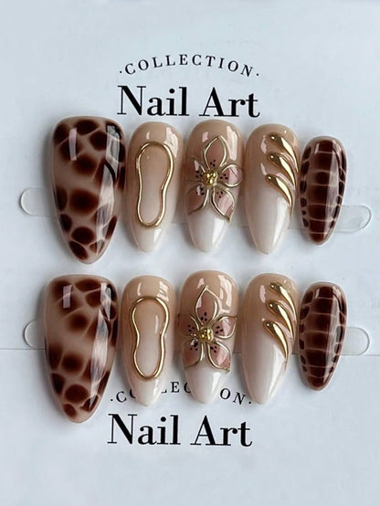 Brown Crocodile Print Almond Press-On Nails with Gold