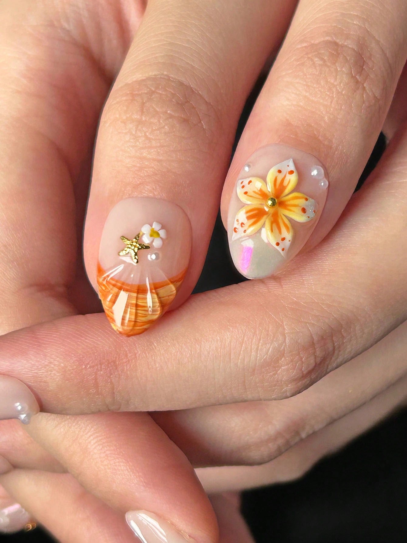 Orange French Almond 3D Flower Shell Press-On Nails