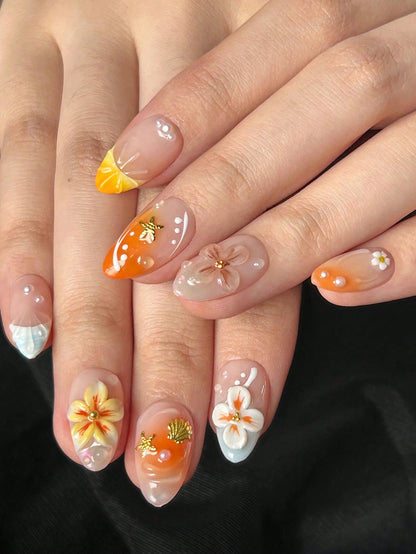 Orange French Almond 3D Flower Shell Press-On Nails