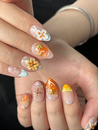 Orange French Almond 3D Flower Shell Press-On Nails