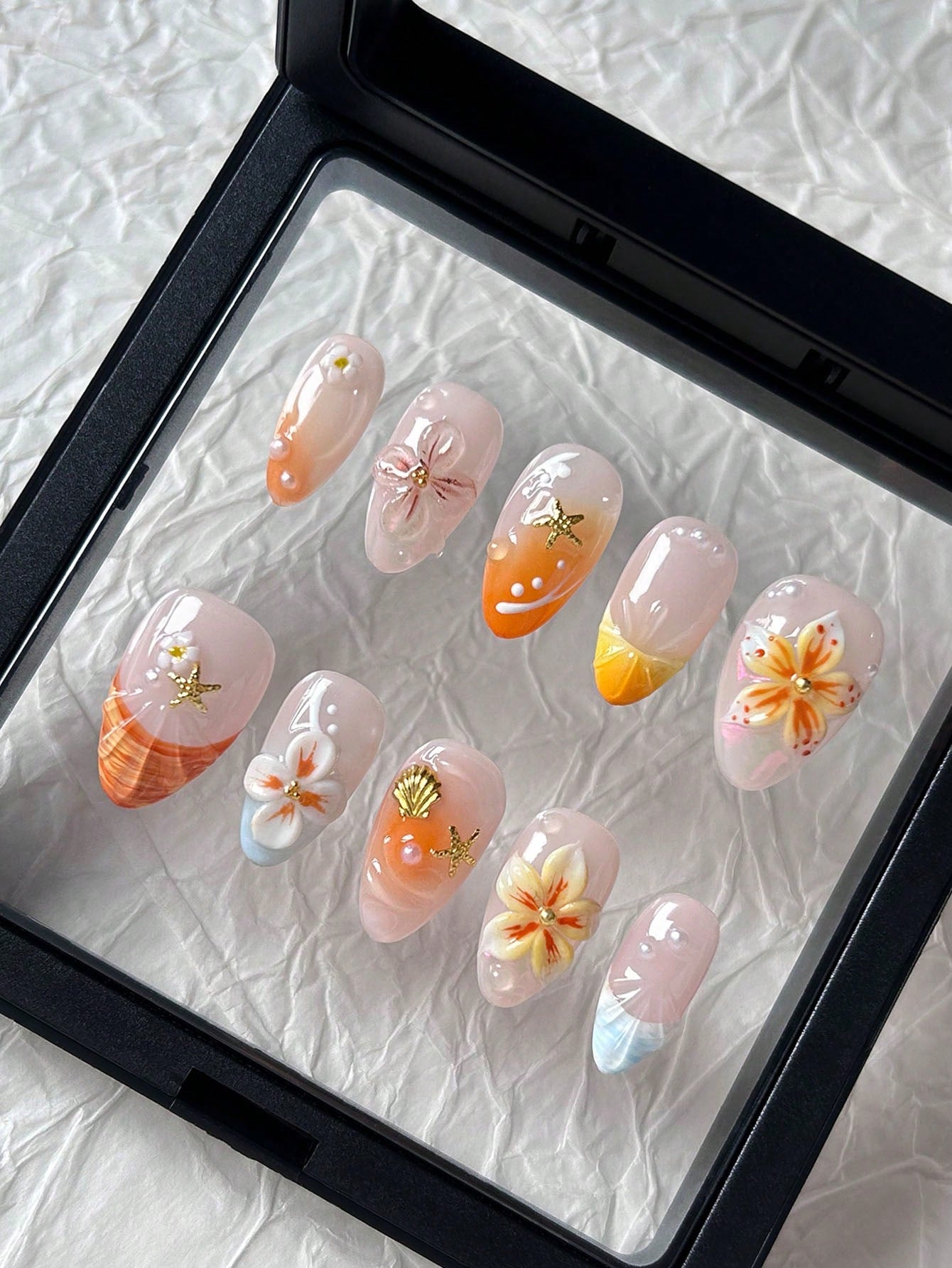 Orange French Almond 3D Flower Shell Press-On Nails