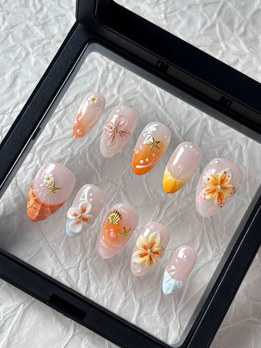 Orange French Almond 3D Flower Shell Press-On Nails
