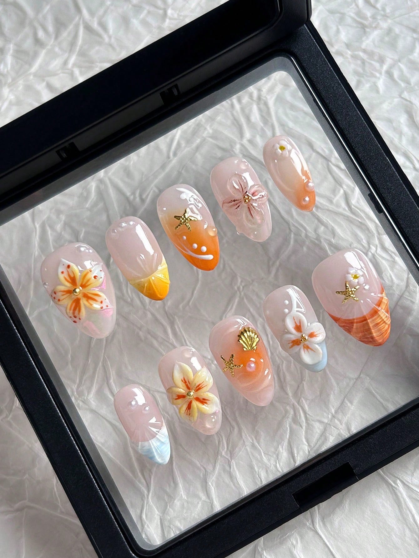 Orange French Almond 3D Flower Shell Press-On Nails