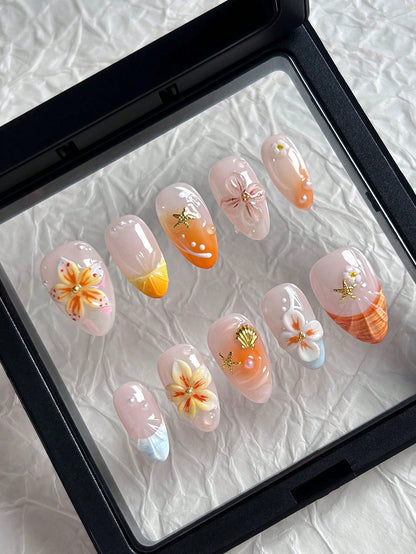 Orange French Almond 3D Flower Shell Press-On Nails