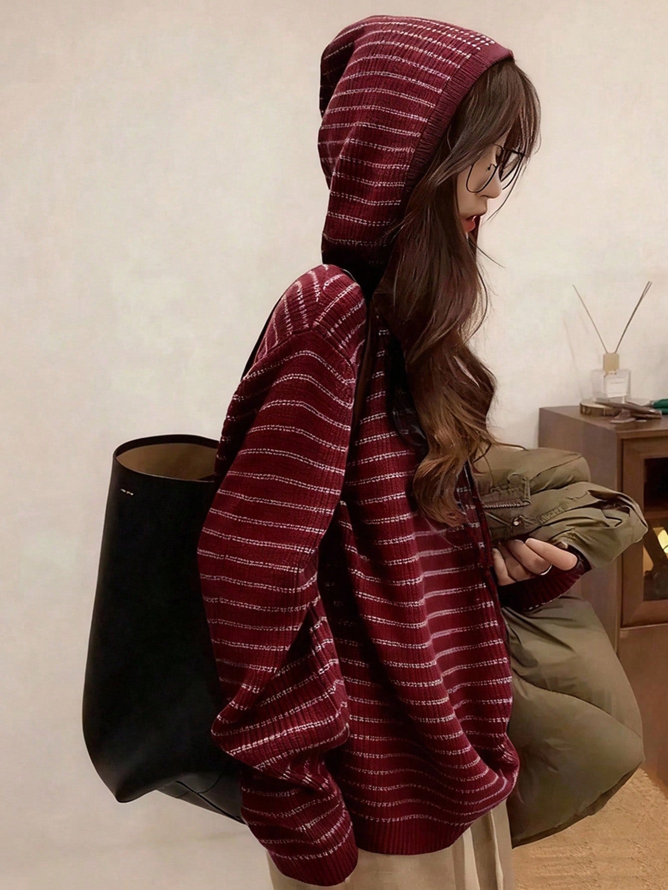 Women's Striped Minimalist Hooded Knit Sweater