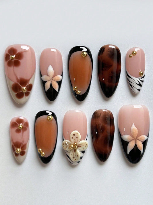 3D Floral Brown French Handmade Press-On Nails