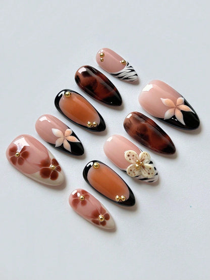 3D Floral Brown French Handmade Press-On Nails