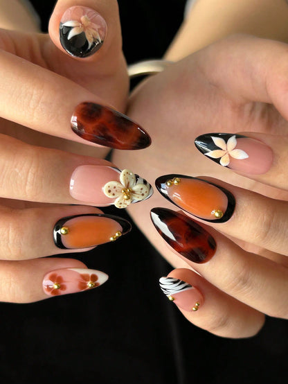 3D Floral Brown French Handmade Press-On Nails