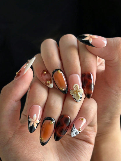 3D Floral Brown French Handmade Press-On Nails