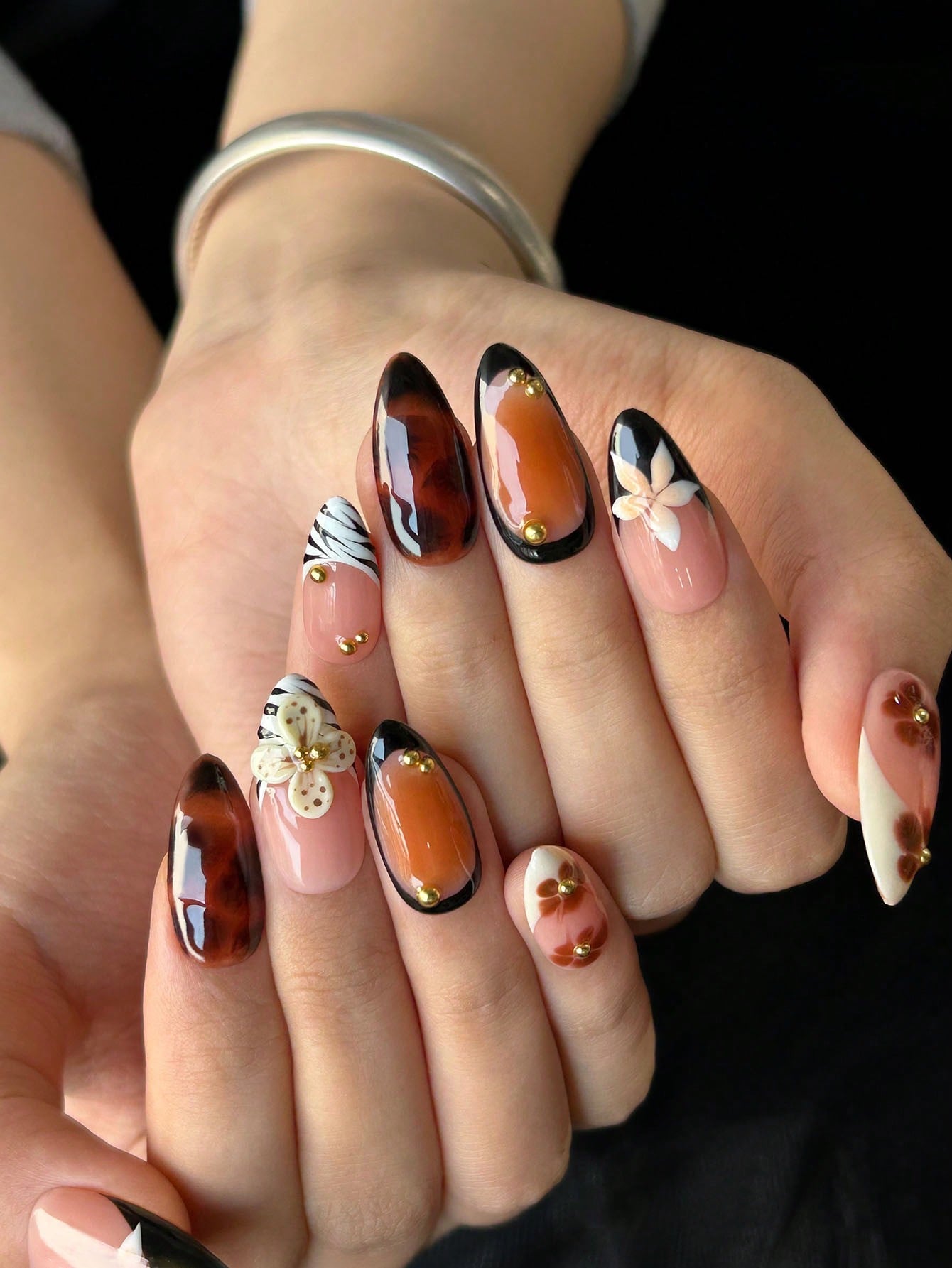 3D Floral Brown French Handmade Press-On Nails
