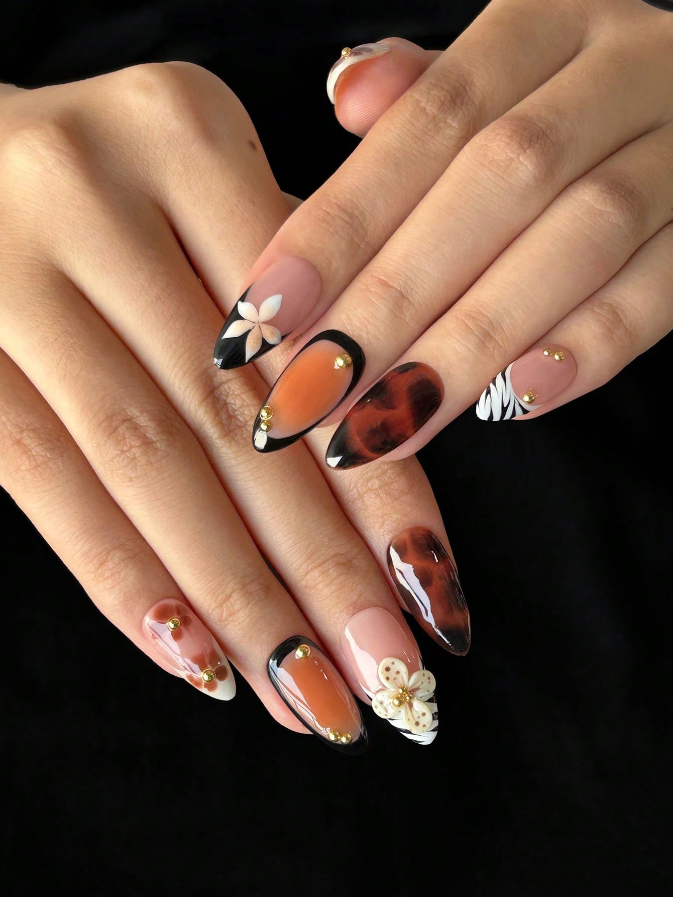 3D Floral Brown French Handmade Press-On Nails