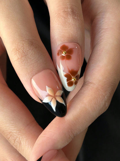 3D Floral Brown French Handmade Press-On Nails