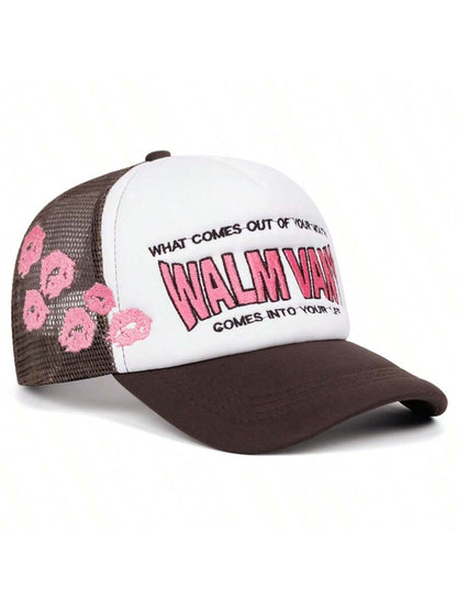 Unisex Letter Lip Embroidery Mesh Trucker Baseball Cap
