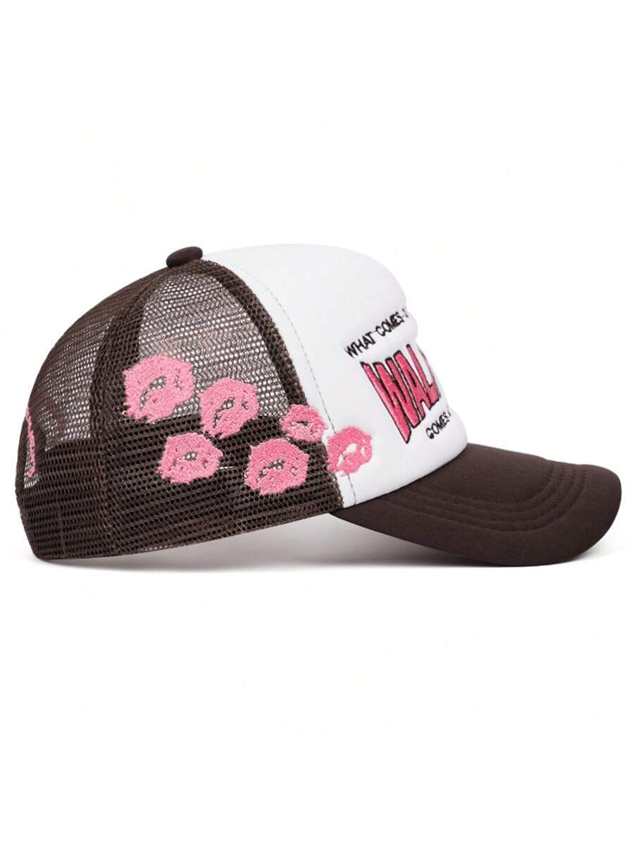 Unisex Letter Lip Embroidery Mesh Trucker Baseball Cap