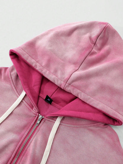 ROMWE Men Vintage Pink Y2K K-Pop Zip Hoodie