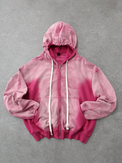 ROMWE Men Vintage Pink Y2K K-Pop Zip Hoodie