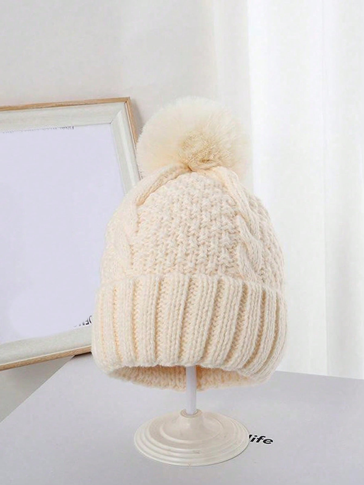 Women’s Cable Knit Woolen Beanie with Fuzzy Pom Pom