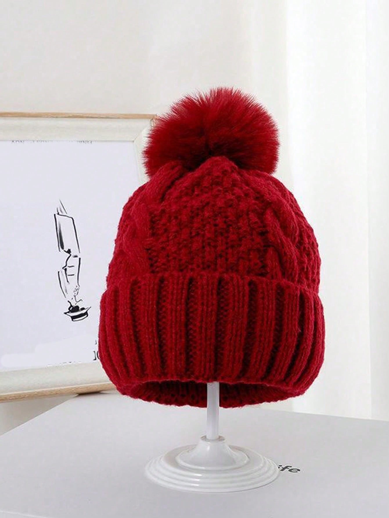 Women's Thick Cable Knit Beanie with Fuzzy Pom Pom