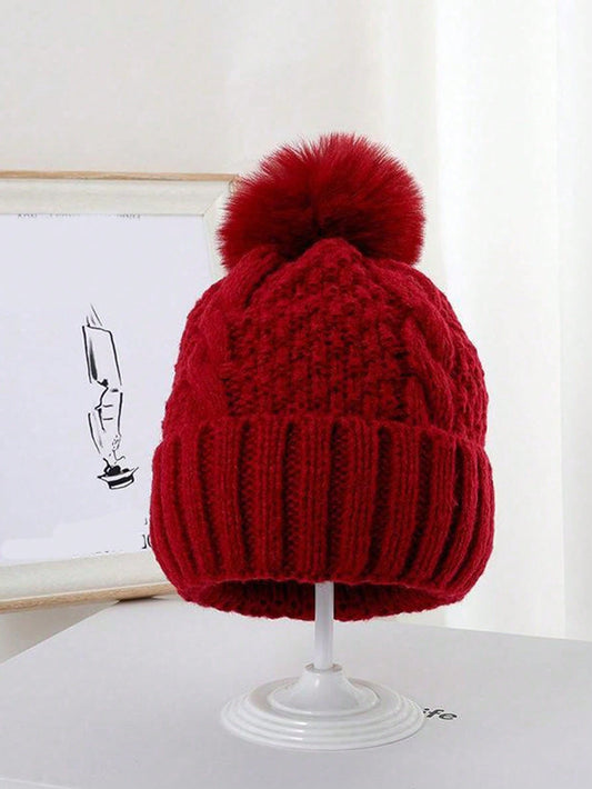 Women’s Cable Knit Woolen Beanie with Fuzzy Pom Pom