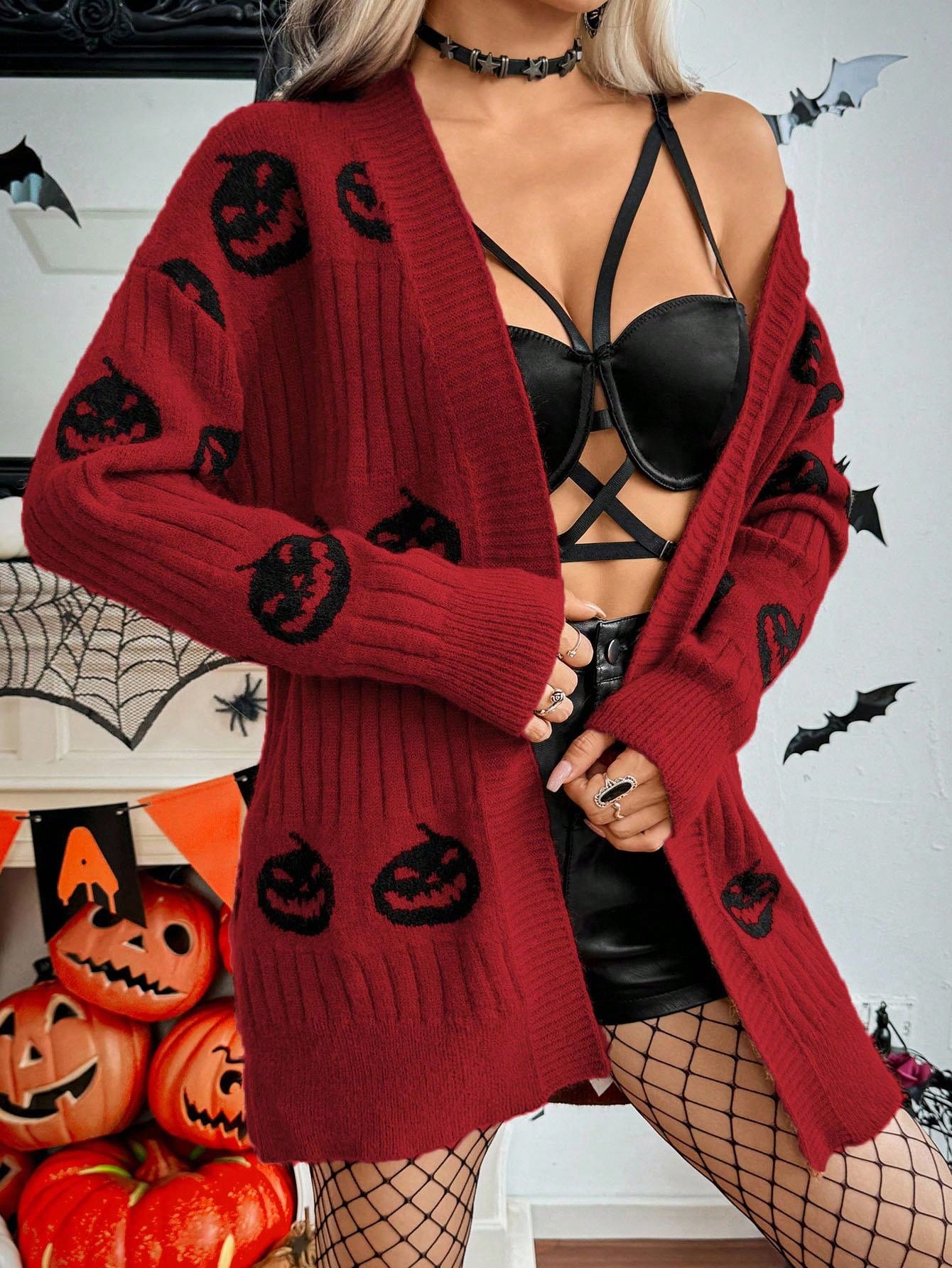 Halloween Casual Pumpkin Pattern Knit Cardigan