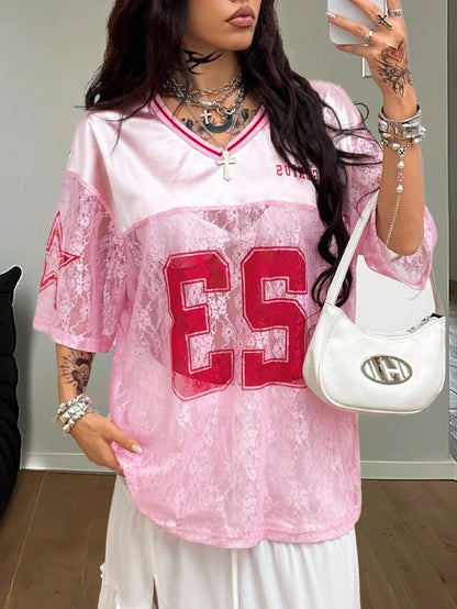 Oversized Pink Letter Print V-Neck Jersey Tee