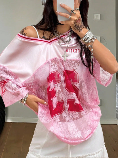 Oversized Pink Letter Print V-Neck Jersey Tee