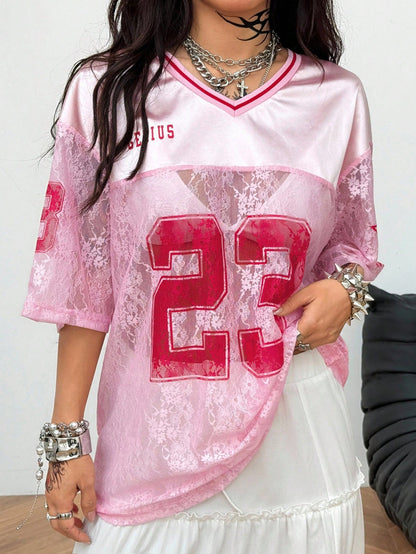Oversized Pink Letter Print V-Neck Jersey Tee