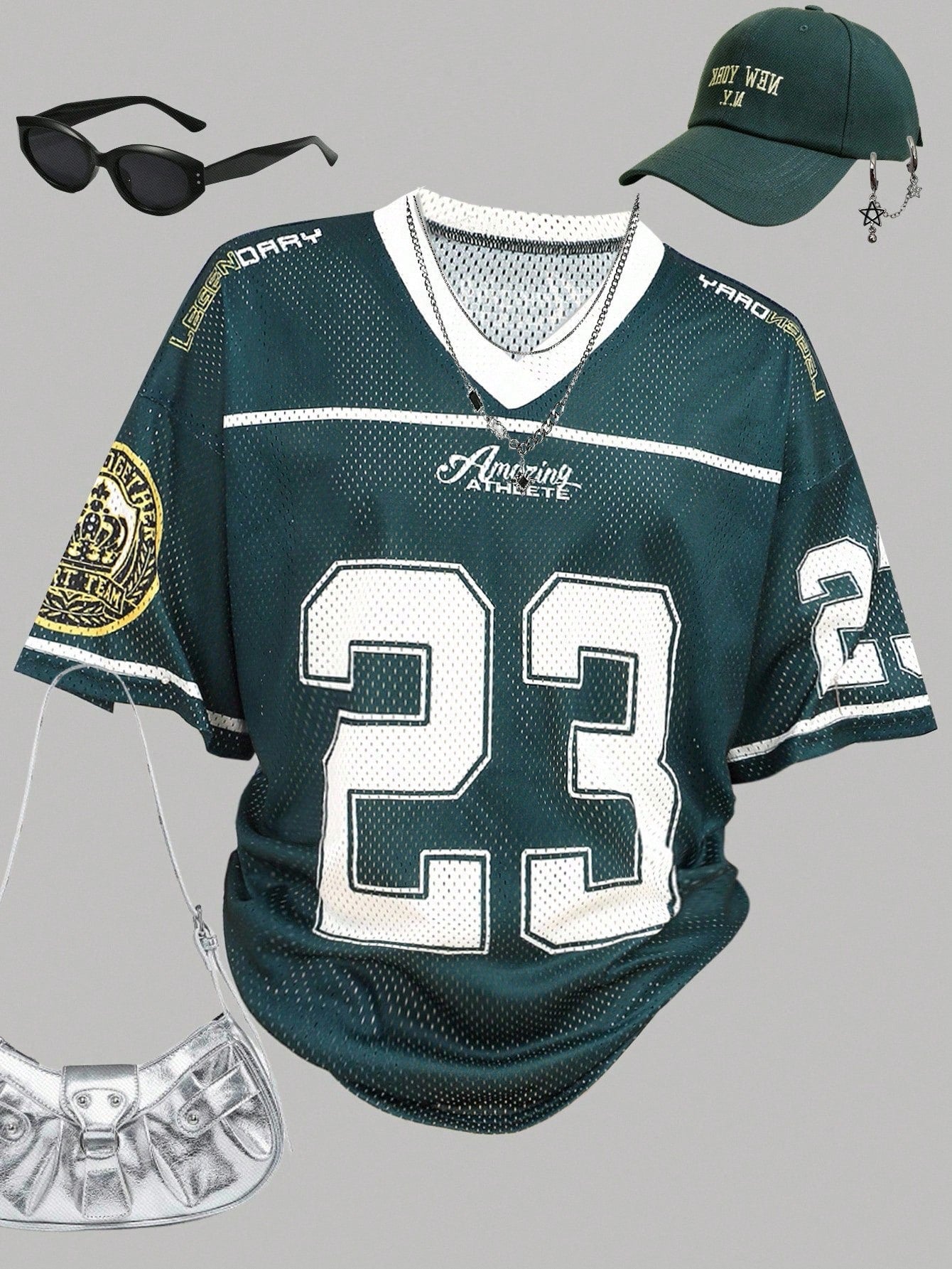 Tween Girls Dark Green Loose Fit Sporty V-Neck Jersey