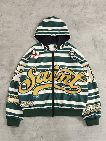Men's Zip Collar Striped Casual Hoodie