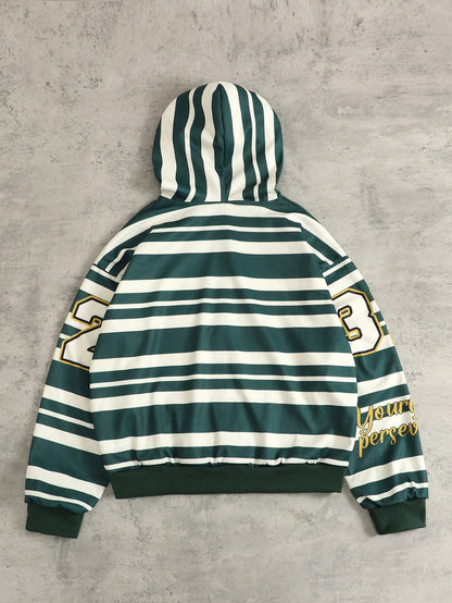 Men's Zip Collar Striped Casual Hoodie