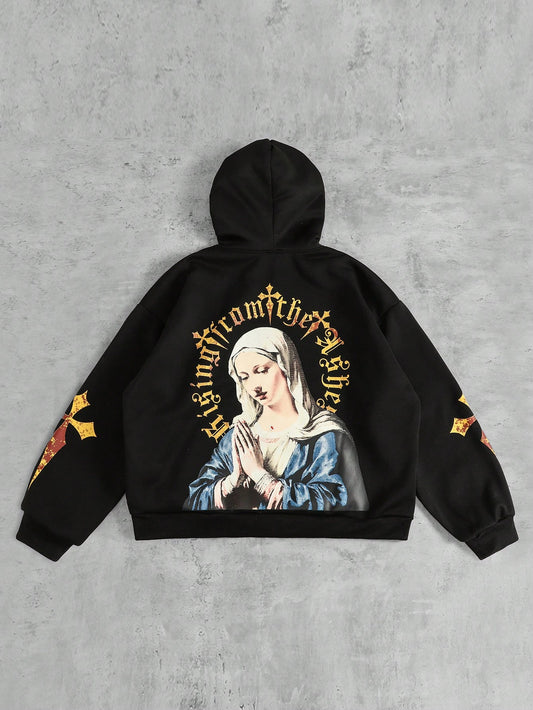 Men Vintage Cross Figure Print Street Hoodie