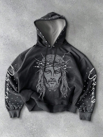 Men Rhinestone Jesus Graphic Hoodie